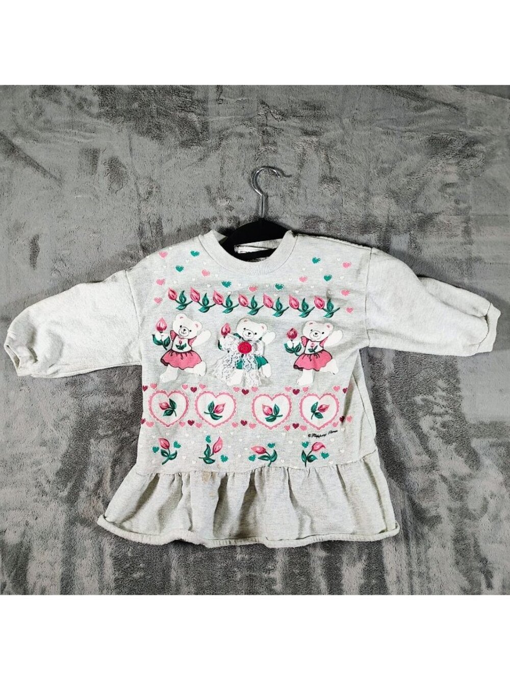 Vintage 1990s Designed '4' U Girls Gray Dress With Bear & Floral Design (Size 8)